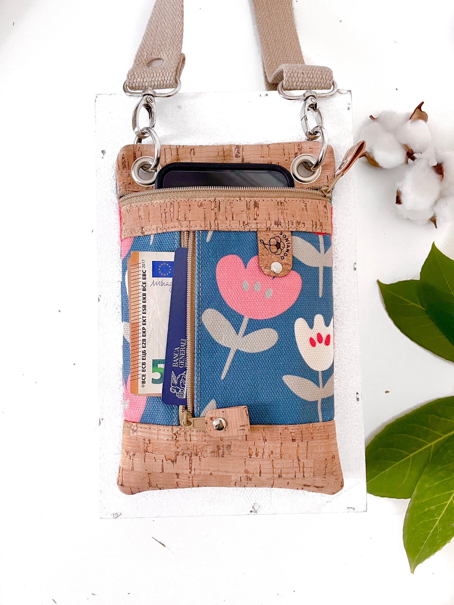 BORSA PORTA CELLULARE TULIPANI BLU