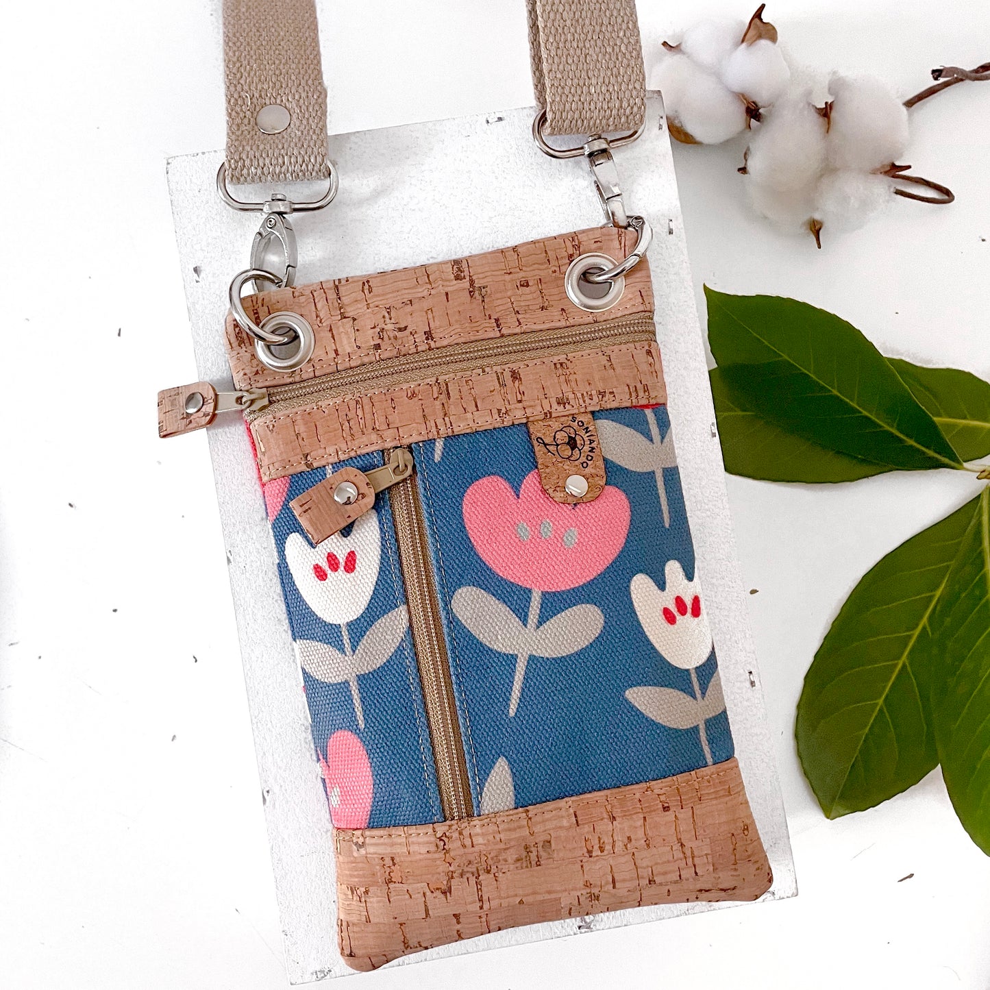 BORSA PORTA CELLULARE TULIPANI BLU