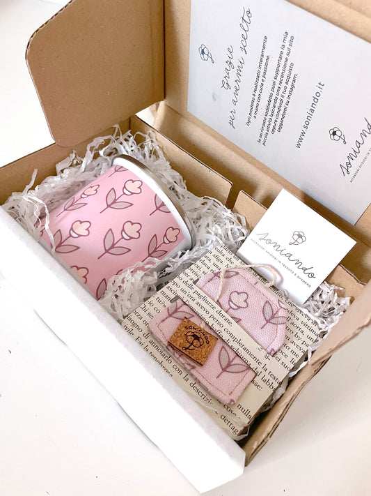 BOX TAZZA + SEGNALIBRO TULIPANI ROSA